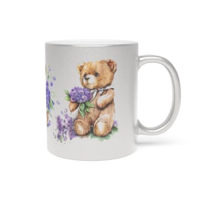 Mug - Brown Teddy Bear with Purple Flowers Design - Metallic Mug (SilverlGold) - Image 3