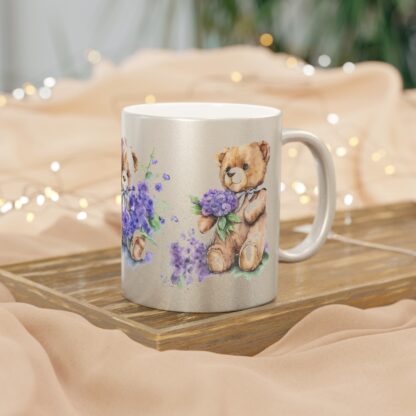 Mug - Brown Teddy Bear with Purple Flowers Design - Metallic Mug (SilverlGold) - Image 4