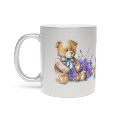 Mug - Brown Teddy Bear with Purple Flowers Design - Metallic Mug (SilverlGold) - Image 2