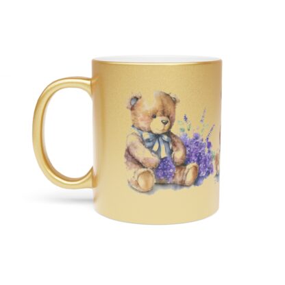 Mug - Brown Teddy Bear with Purple Flowers Design - Metallic Mug (SilverlGold) - Image 7