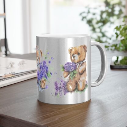 Mug - Brown Teddy Bear with Purple Flowers Design - Metallic Mug (SilverlGold) - Image 5