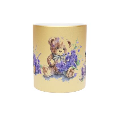 Mug - Brown Teddy Bear with Purple Flowers Design - Metallic Mug (SilverlGold) - Image 6