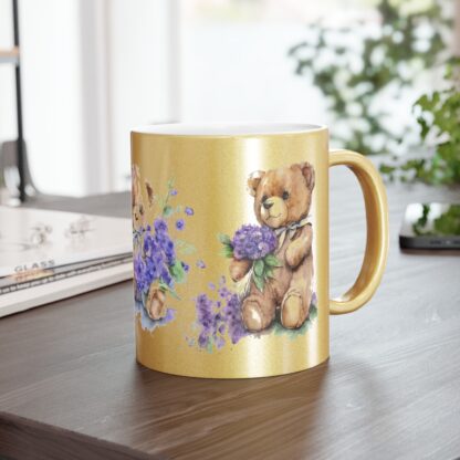 Mug - Brown Teddy Bear with Purple Flowers Design - Metallic Mug (SilverlGold) - Image 10