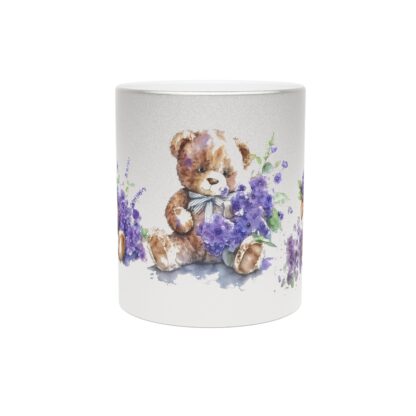 Mug - Brown Teddy Bear with Purple Flowers Design - Metallic Mug (SilverlGold)