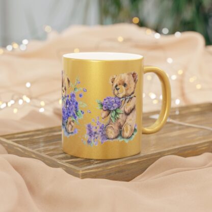 Mug - Brown Teddy Bear with Purple Flowers Design - Metallic Mug (SilverlGold) - Image 9